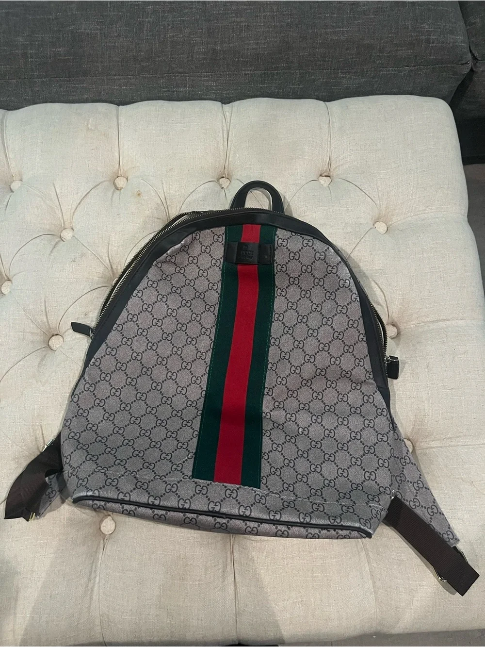 Gucci Beige GG Canvas Backpack with Red & Green Stripe